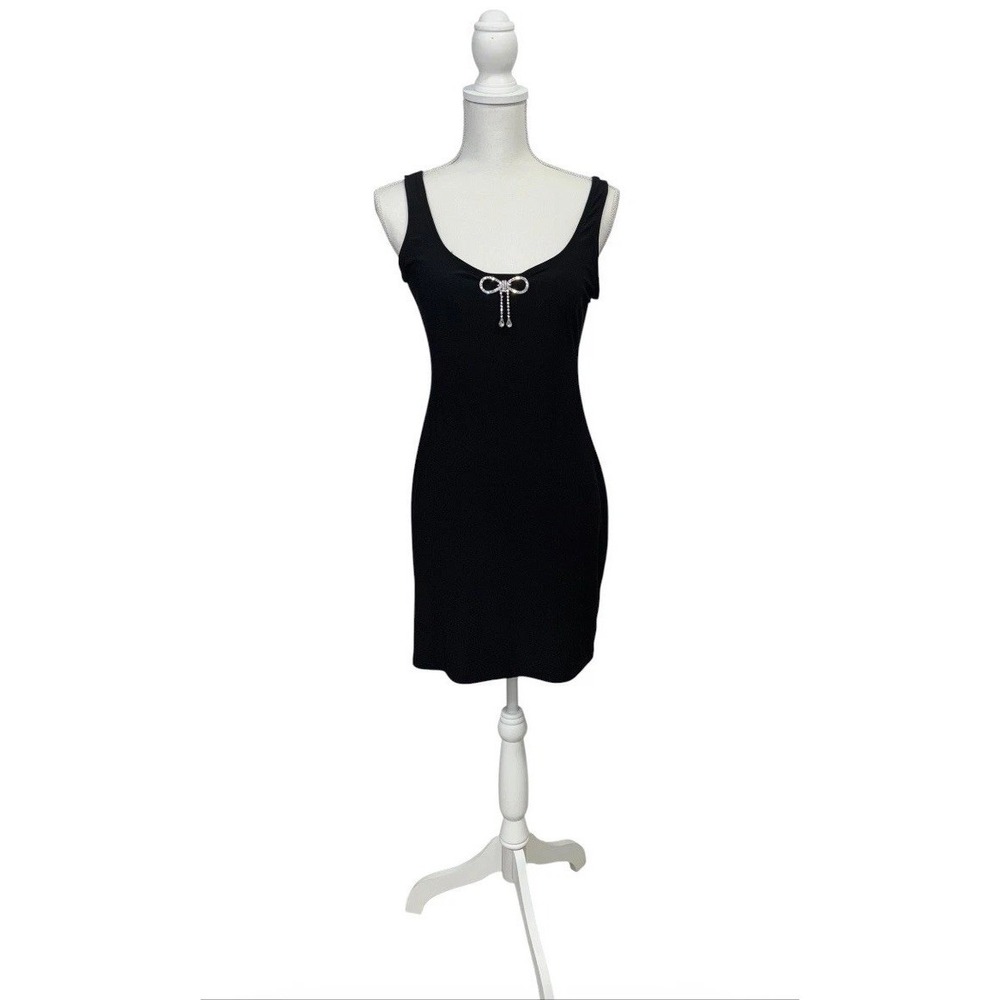 NWT VTG Bebe S Black Rhinestone Bow‎ Mini Dress USA Made Bodycon Party Y2K Bling